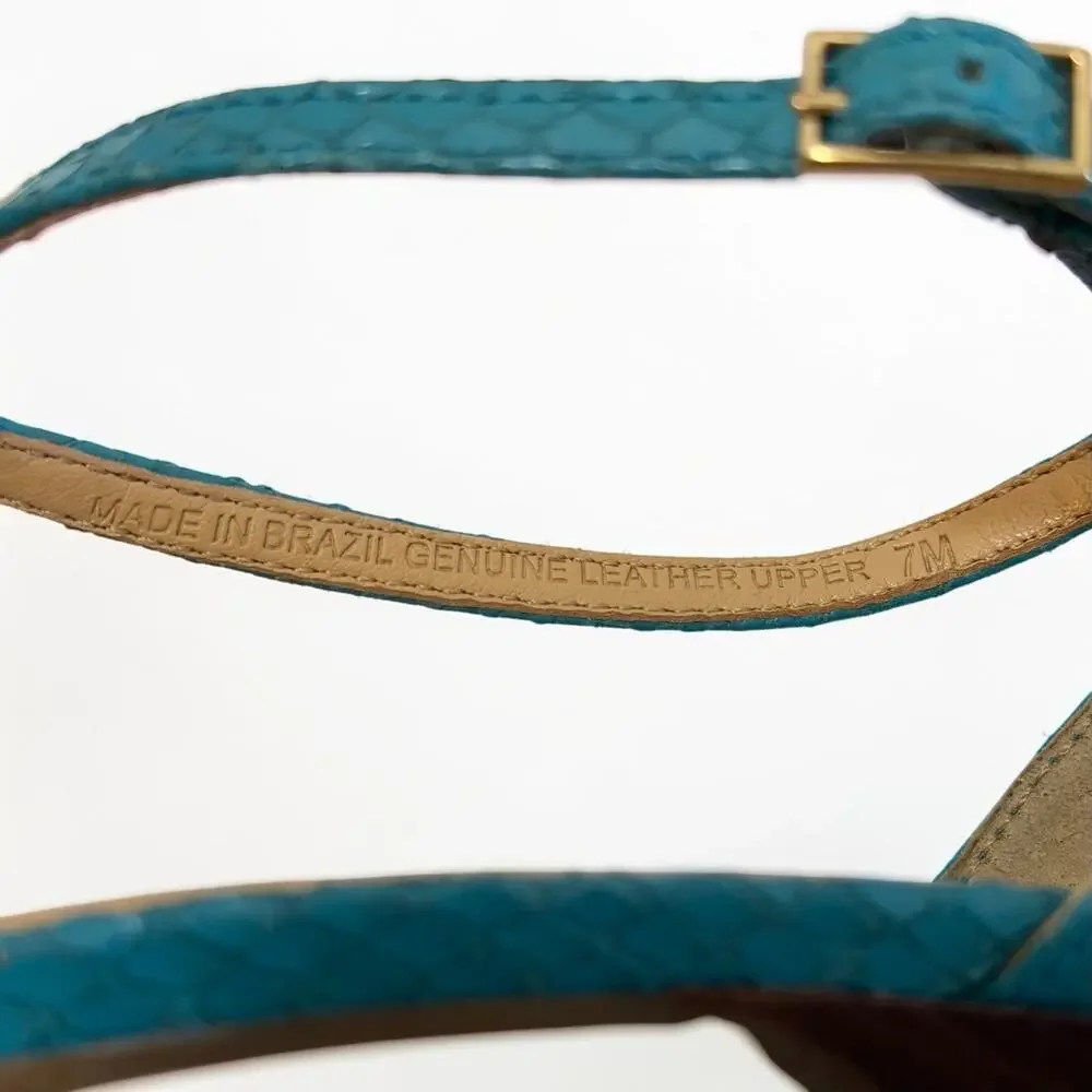 Talbots Lana Leather Sandals Sz 7M Peacock Teal Snakeskin Strappy 3